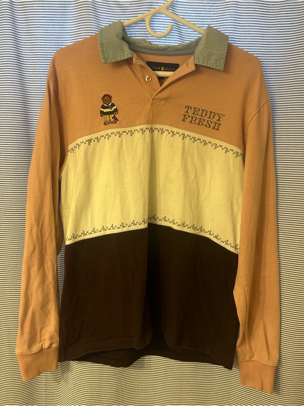 Teddy Fresh Pink/Brown Colorblock Rugby Shirt, Men’s Size S